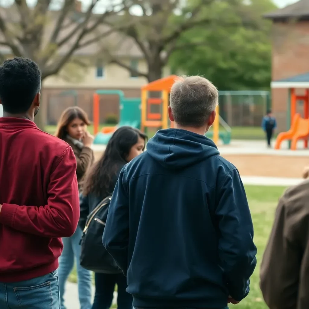 Concerned parents watching over a school playground in Bowling Green