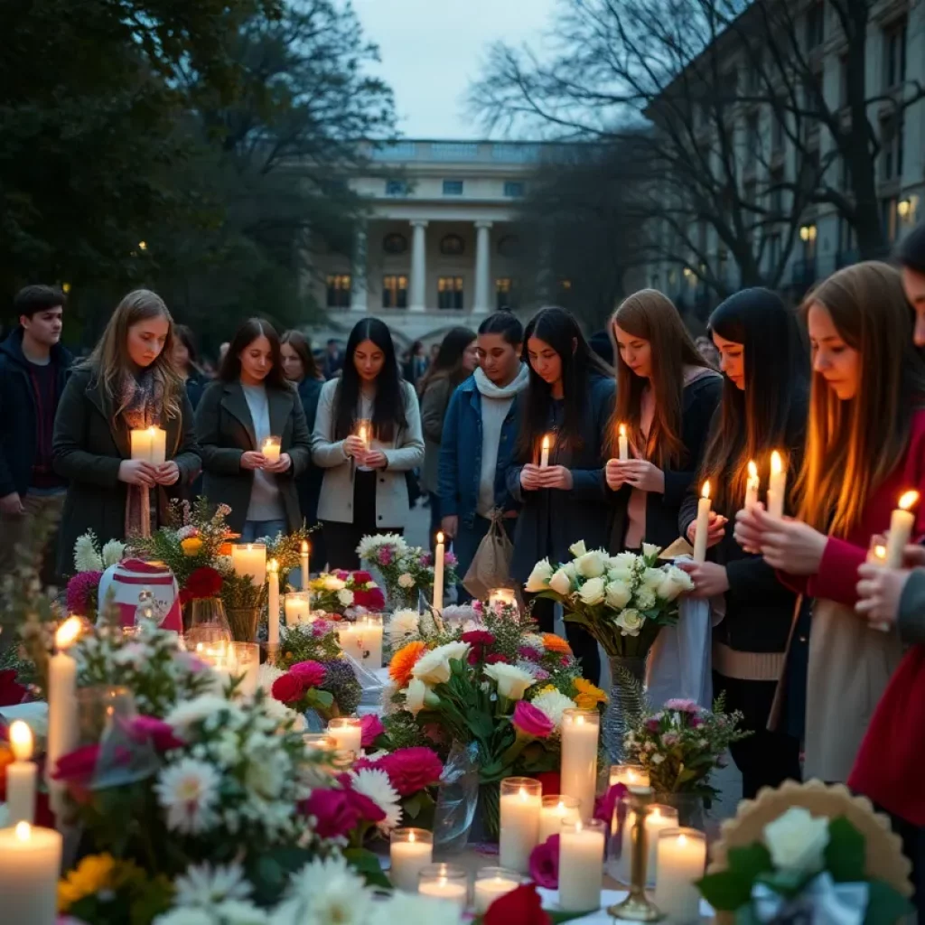 Students holding candles at a vigil for the shooting victim in Bowling Green