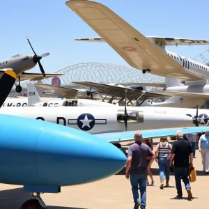 Visitors at Aviation Heritage Park viewing new aviation exhibits