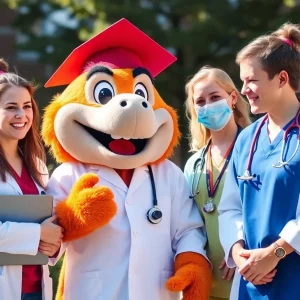 Big Red mascot receiving healthcare support