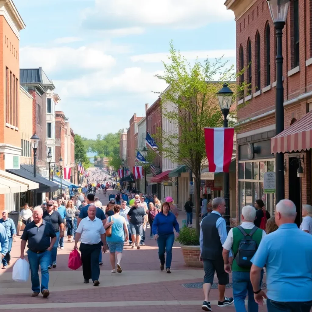 A lively street view of Bowling Green, Kentucky, filled with businesses and community engagement.