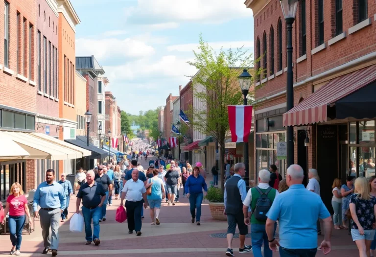 A lively street view of Bowling Green, Kentucky, filled with businesses and community engagement.