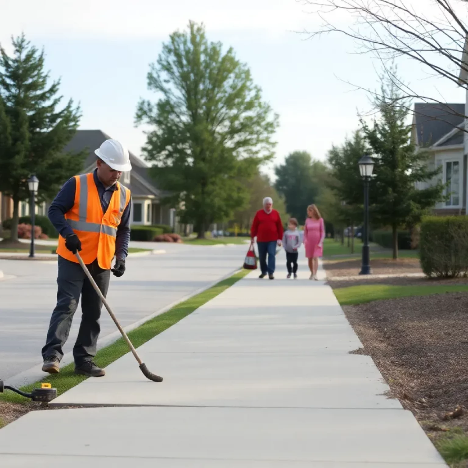 Workers repairing a sidewalk in Bowling Green with community members walking nearby.