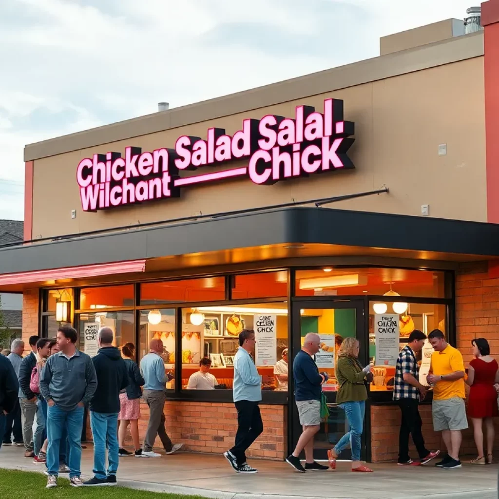 Exterior of Chicken Salad Chick restaurant with crowds outside