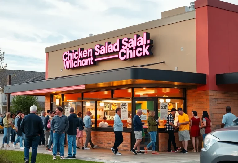 Exterior of Chicken Salad Chick restaurant with crowds outside