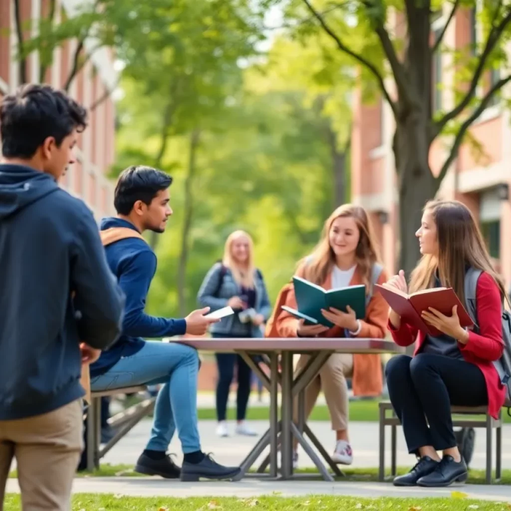 Students collaborating on a college campus