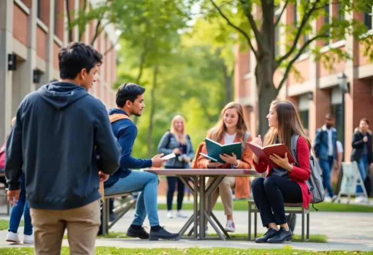 Students collaborating on a college campus