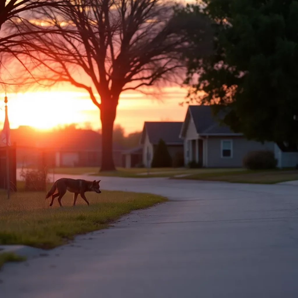 Coyote in a Simpson County neighborhood at sunset