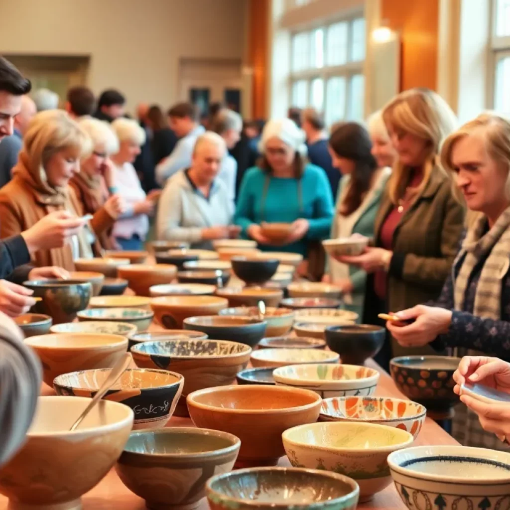 Community members gathered at the Empty Bowls Fundraising Event with handcrafted bowls.