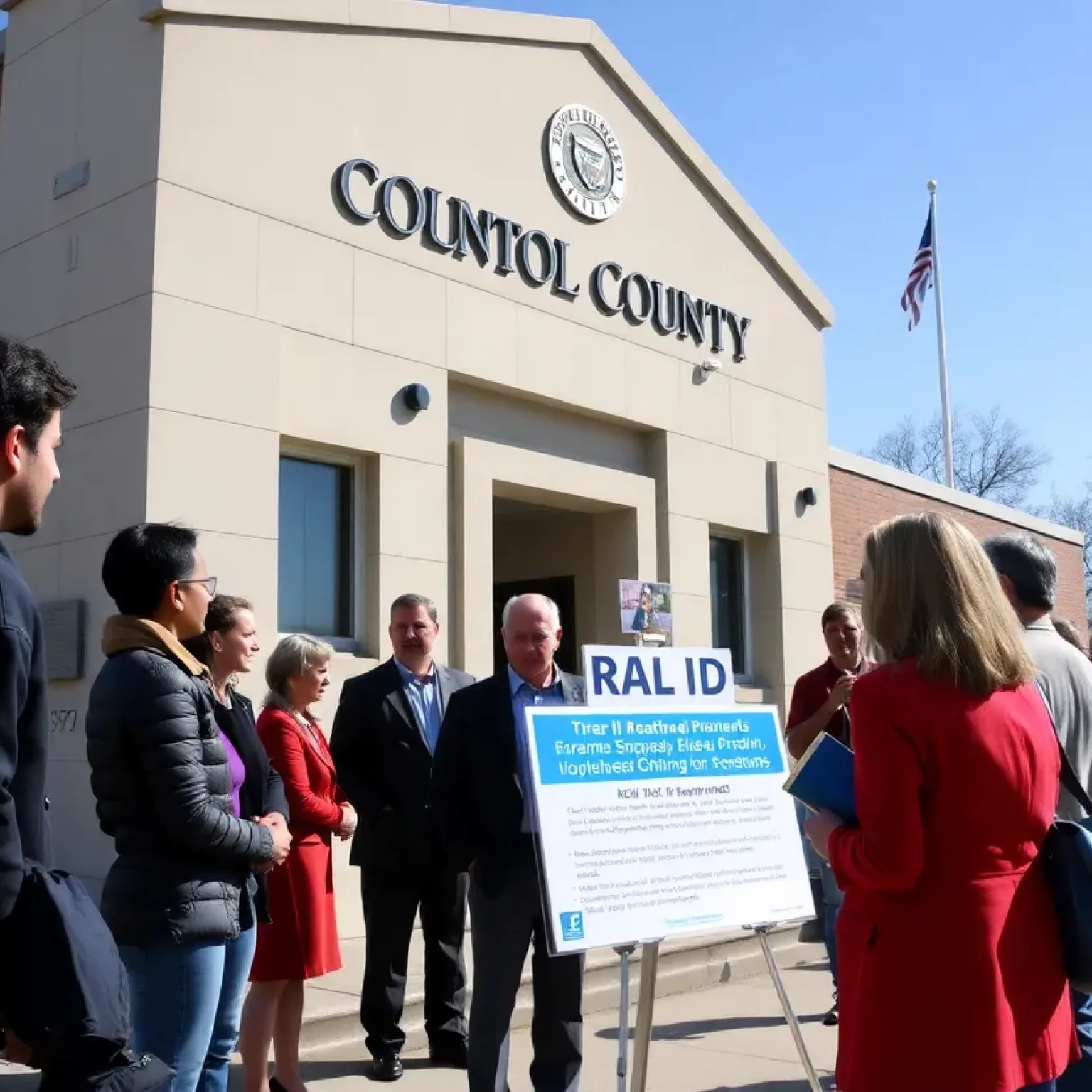 People outside a government office in Simpson County discussing REAL ID requirements.