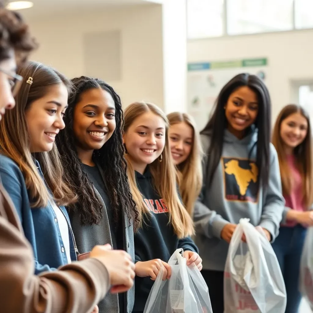 Students participating in community service activities in a high school environment.