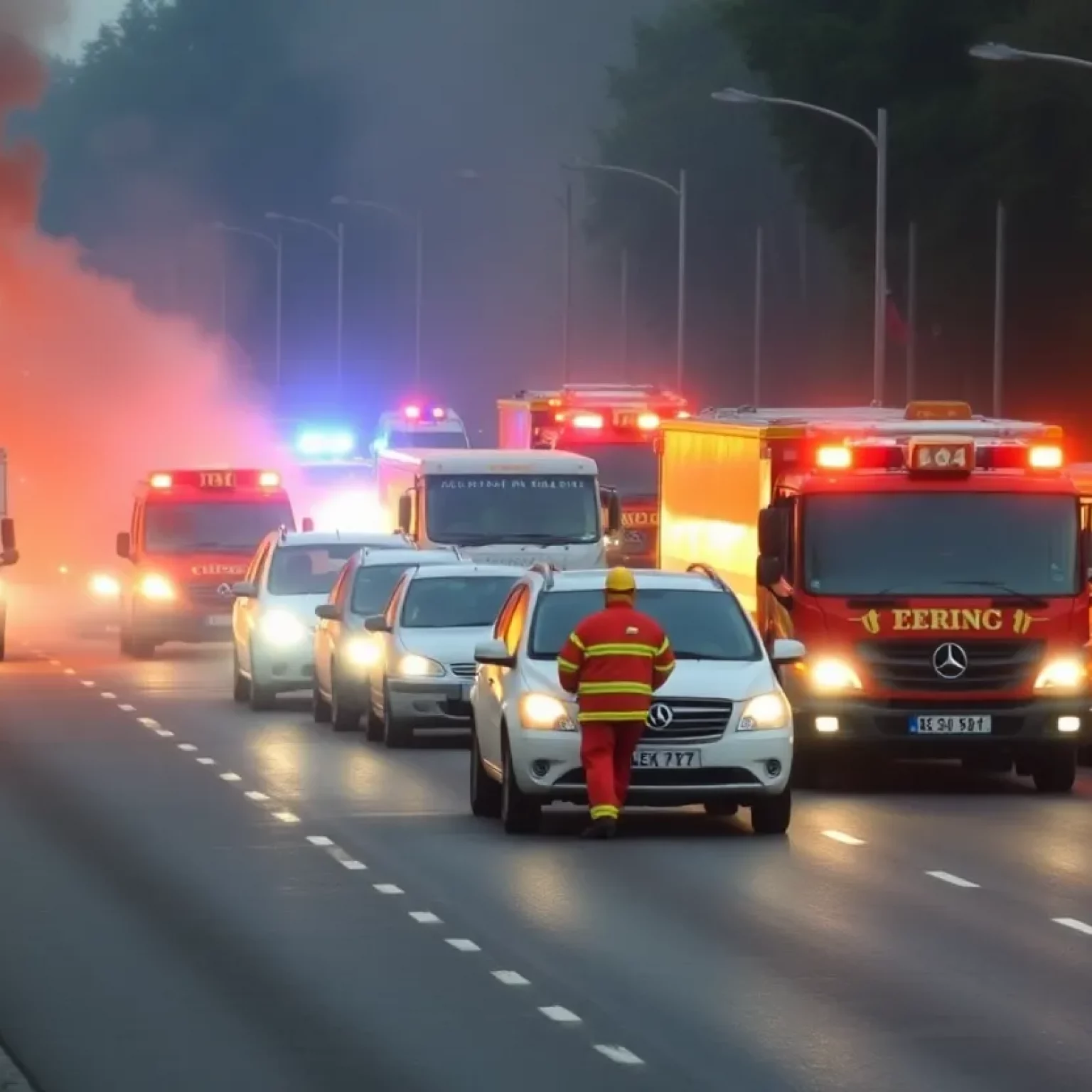 Fire trucks responding to vehicle fire on highway