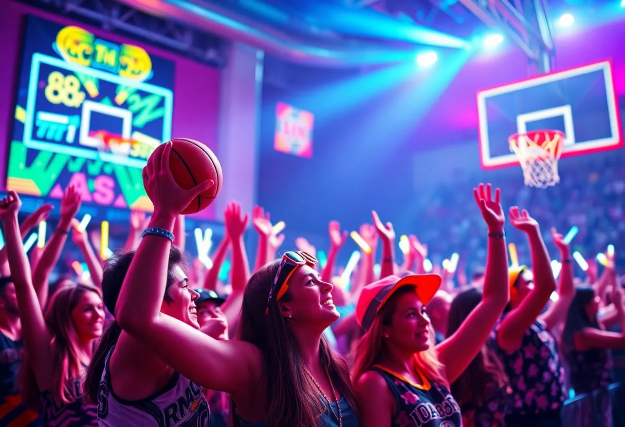 Fans at WKU 80's Night Basketball Game wearing retro outfits