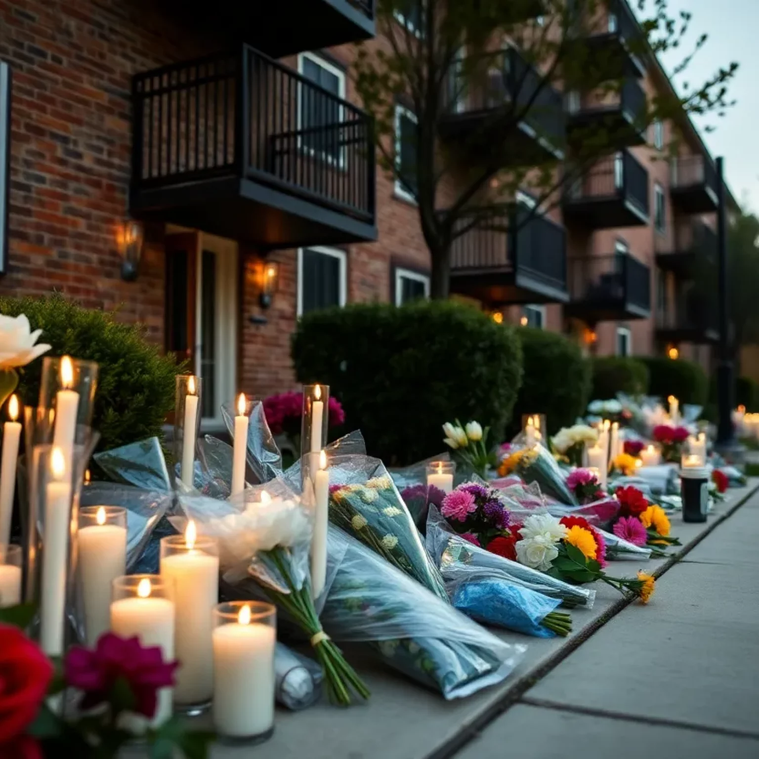 Candles and flowers outside an apartment complex as a community mourns