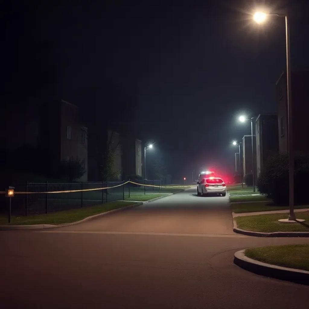 Emergency response lights at an apartment complex at night